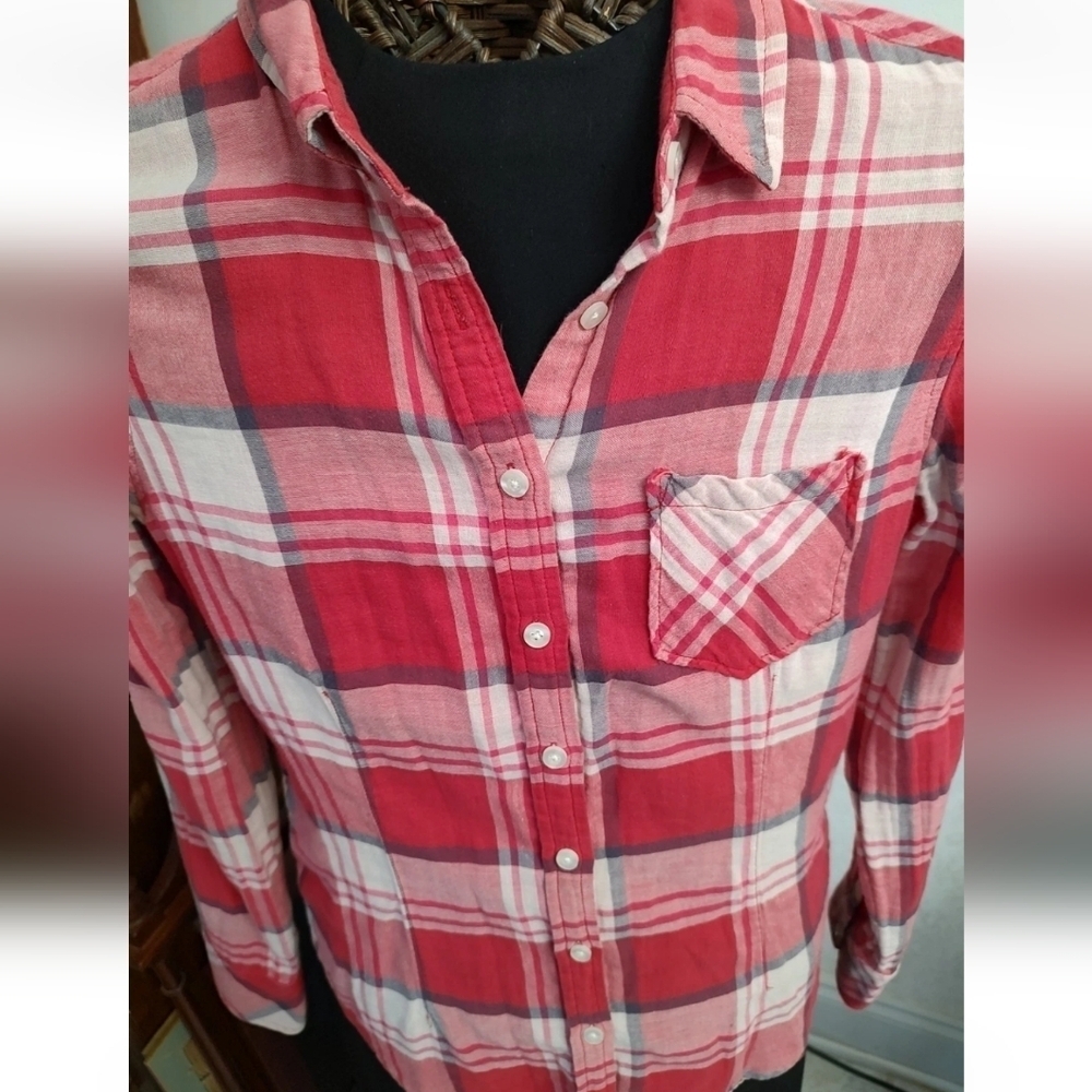 Vtg 09' American Eagle Women's 12 Dark Pink Plaid Long Sleeve Lined Button Up - Picture 3 of 16